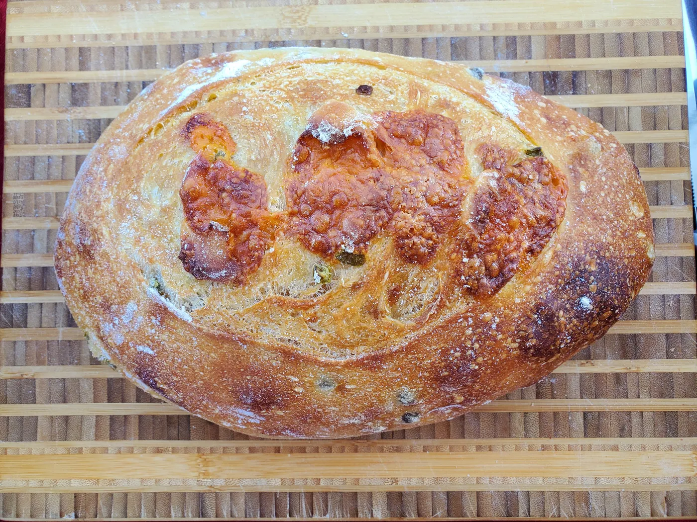 Jalapeño cheddar sourdough loaf with bubbly browned cheese on the crust